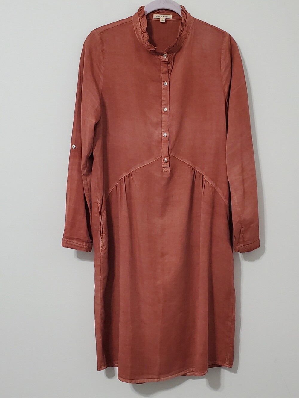 Tea N Rose Ruffled Mandarin Collar Long Sleeve Midi Dress Terracotta Size Small